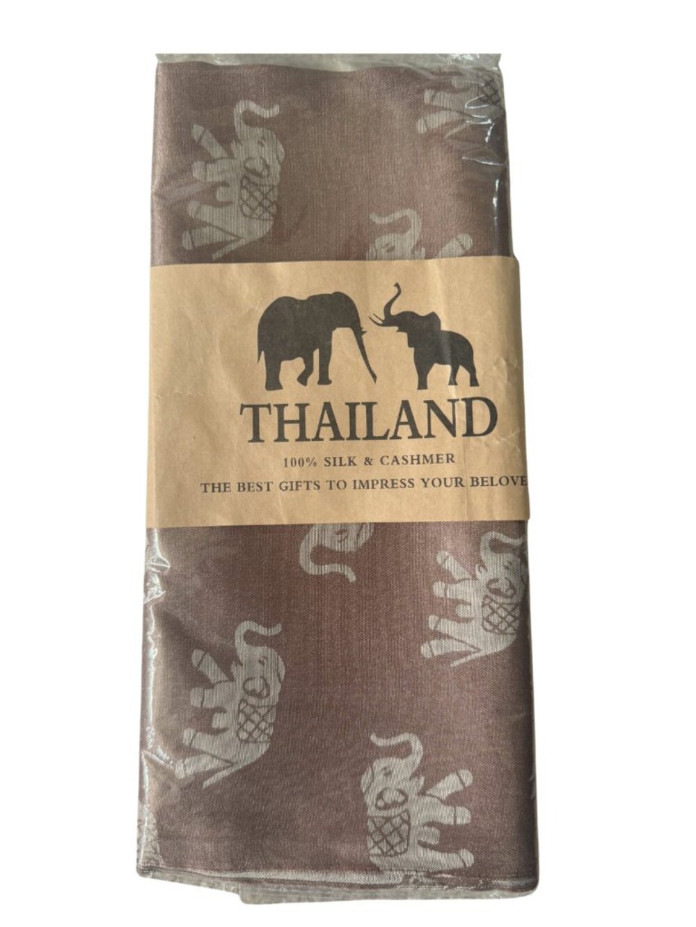 Thailand Elephant Print Scarf Wrap Taupe Brown NWT
